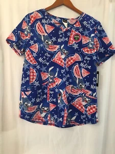 Disney Lilo & Stitch Women's Print Scrub Top Size S,M Blue Watermelon NEW - Picture 1 of 4