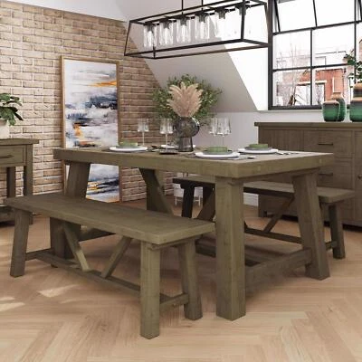 Dining Table & 2 Benches + Leaf Extender Set Solid Pine 160cm Table - Image 1 of 4
