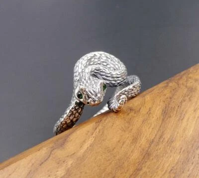 Anillo envolvente de serpiente de plata de ley 925 verde oscuro ojos circonita ajustable único unisex Foto 1 de 4