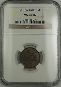 1941 Palestine 1 Mil Coin NGC MS-64 BN Brown *Attractively Toned* - Picture 1 of 2