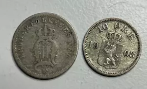 More details for norway 1903 10 Øre ore - oscar ii  1876 25 Øre ore .400 silver rare coins