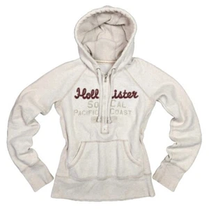 Hollister Full Zip Hoodie Womens Y2k Sweatshirt Embroidered Logo Beige Medium - Picture 1 of 8
