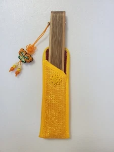 Korean Traditional Bamboo Print Hand Fan w/ Case & Tassel YELLOW - US Seller - Picture 1 of 5