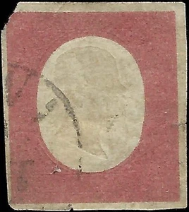 1854 Sardinia Italy 40c Rose Stamp -Sc# 9 - Corner Flaw, Edge & Pin Tear - Used - Photo 1 sur 2