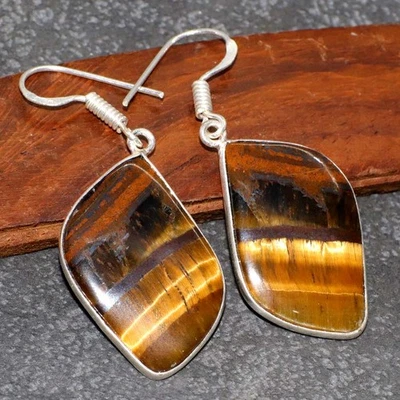 Impresionantes Pendientes Ojo de Tigre Chapados en Plata 925 1.7" Hecho a Mano Regalo MJ Foto 1 de 3