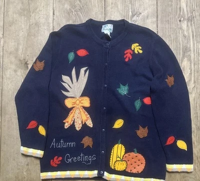 Quacker Factory Cardigan Fall Sweater Navy Blue Size L  Leaves Pumpkins￼ - Image 1 of 4