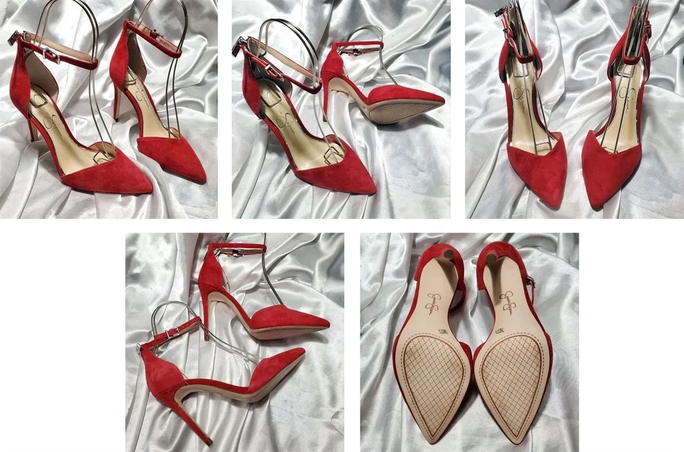 NUEVO JESSICA SIMPSON ROJO GAMUZA CUERO CORREA AL TOBILLO ZAPATOS DE SALÓN TACONES - TALLA 7M - PAISLEAH Foto 1 de 1