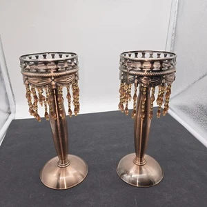 Set of 2 Copper “Tone” Metal & Beaded 9” Tall 3" Diameter Candle Holders EUC - Picture 1 of 8