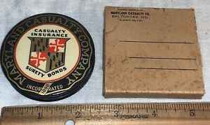 ANTIQUE MARYLAND INSURANCE CELLULOID PAPERWEIGHT IN BOX NEW BEDFORD MA SIGN
