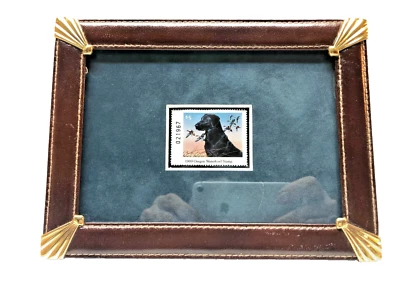 U. S. 1989 $5.00 OREGON WATERFOWL STAMP  LEATHER FRAME GLASS FACE 6X8 MATTED - Image 1 of 3