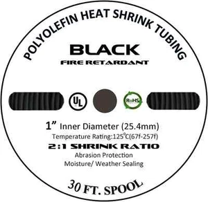 30 FT. 30' Feet BLACK 1" 25mm Polyolefin 2:1 Heat Shrink Tubing Tube Cable US UL - Picture 1 of 2