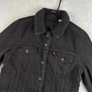 Levis Premium Denim Trucker Jacket Womens Medium Black Sherpa Cropped - Picture 1 of 8