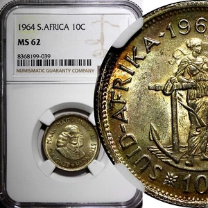 South Africa Silver 1964 10 Cents Jan van Riebeeck NGC MS62 Toned KM# 60 (039) - Picture 1 of 5