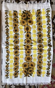 Vintage cotton terrycloth kitchen towel sunflowers & polka dots new w/ tag 1960s - Picture 1 of 5