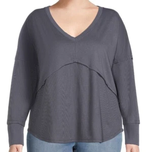 Terra & Sky 1X Gray Long Sleeve V Neck Lattice Back Baby Doll T-Shirt - Picture 1 of 4