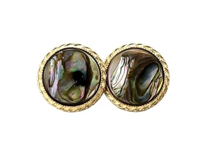 Vintage Japan Gold Tone Clip Earrings w/ Abalone Disk - Picture 1 of 5