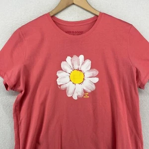 LIFE IS GOOD Shirt Womens L Painted Daisy Flower Short Sleeve Cotton Pink - Picture 1 of 11