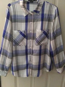NWOT Sanctuary Large Flannel Shirt "Boyfriend Shirt" Blue Plaid Long Sleeve/Tabs - Picture 1 of 6