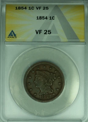 1854 Braided Hair Large Cent 1c Coin ANACS VF-25  (38) - Image 1 of 2