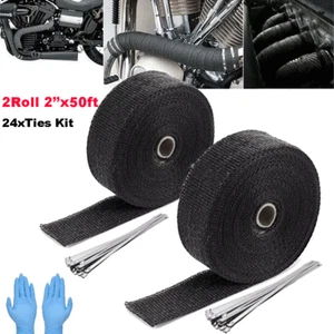 2" x50ft Roll Titanium Header Turbo Pipe Manifold Exhaust Heat Wrap Tape 24 Ties - Picture 1 of 15