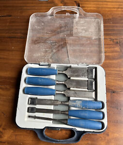 Old Bevelled Edge Chisels In Original Tool Box - With Blue Plastic Handles