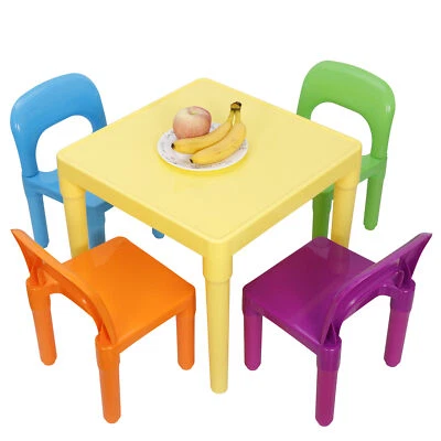 Kids Plastic Table and 4 Chairs Set Multicolor Play Room Furniture for Reading - Image 1 of 4