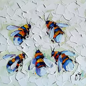 original oil painting Honey Bee impasto artwork Insects small wall art 6*6 inch - Picture 1 of 10