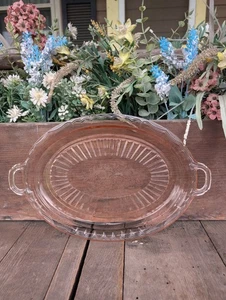 Vintage Hocking Mayfair Open Rose Pink Depression Glass Oval Platter w/ Handles - Picture 1 of 7