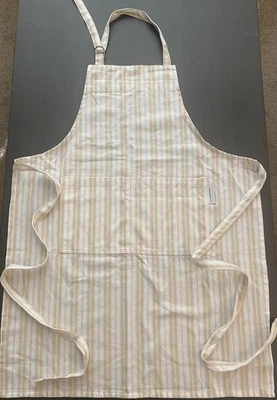 NUEVO SIN ETIQUETAS Williams Sonoma Rayas Caqui Blanco Delantal Algodón Ajustable Dos Bolsillos. Foto 1 de 4