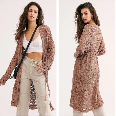 Free People Bohemian 70s Crochet Sweater Cardigan Small Tan Brown - Image 1 of 4