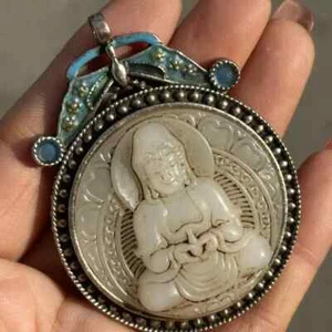 Cina antica collezione vecchia giada Kwan-yin Bodhisattva ciondolo Buddha gioielli - Foto 1 di 10
