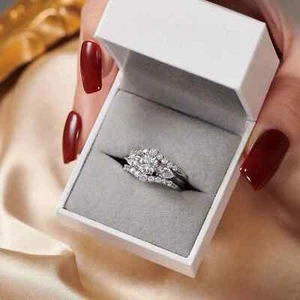 2 Ct Round Cut Moissanite Women Wedding Trio Set Ring 14K White Gold Plated - Picture 1 of 5