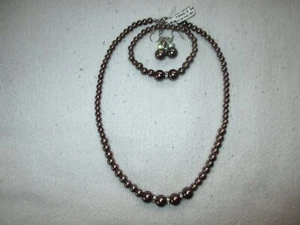 Schmuck-Set, Perlenkette, aus Glaswachsperlen in braun-metallic mit Strass - Bild 1 von 1