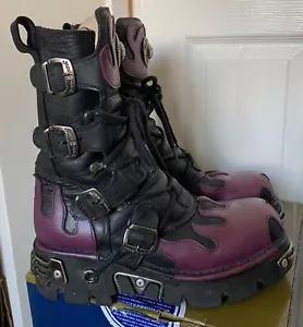 New Rock ‘Reactor’ Purple Flame Goth/Emo/Punk Rocker Boots - Size 10 (44) - Picture 1 of 7