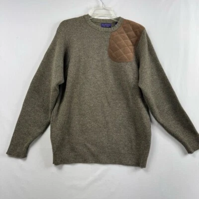 J L Powell Sweater Mens Medium Crew Neck Suede Elbow Patch Ribbed Knit Wool - Image 1 of 4
