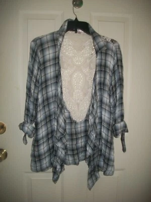 Exhilaration plaid open cardigan top with lacy back size M - Image 1 of 4