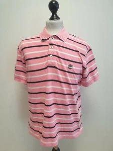 W46 MENS TIMBERLAND PINK WHITE STRIPES 1/4 BUTTON COLLARED POLO T-SHIRT UK M - Picture 1 of 4