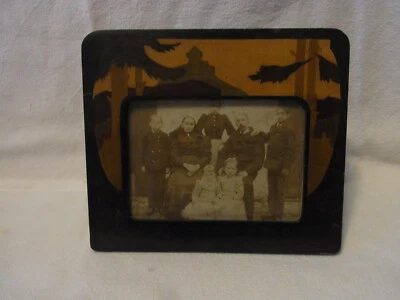 Art Nouveau Picture Frame with Inlays Landscape Handmade Wood Antique German #BE - Image 1 of 4