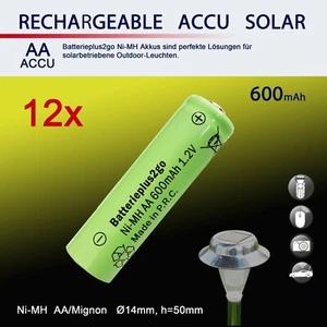 12  AA Solar Akku 600mAh 1,2V NiMH HR6 Mignon Ersatz für Solarleuchte Solarlampe - Picture 1 of 1