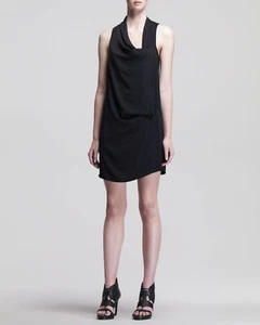 Helmut Lang Women’s Solar Drape Wrap Dress 8 Black Sleeveless Leather Belt Tie - Picture 1 of 9