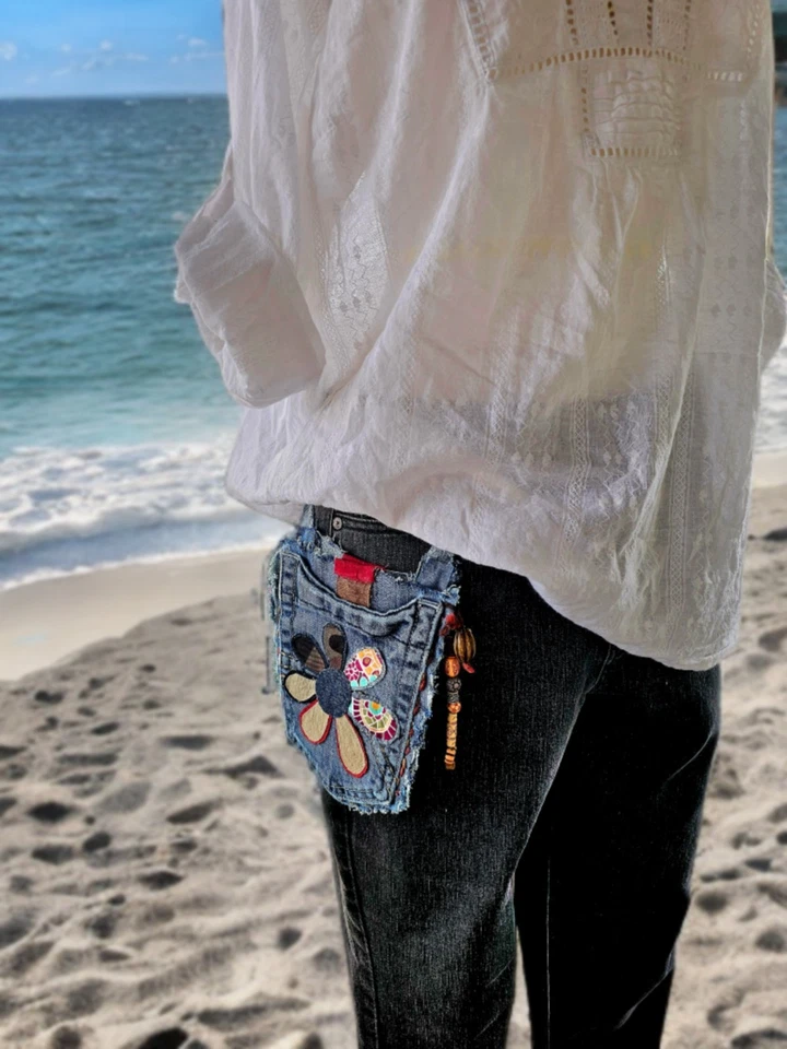 Bolso Cartera Boho Reversible Hipster Hippie Reciclado Denim Roble Cosido a Mano  Foto 1 de 4