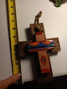 Small Wood And CeramicC Cross. 3 D Southwest Style - Picture 1 of 4