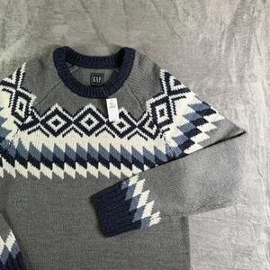 NWT GAP Mens Sweater Large Gray Fair Isle Knit Crew Neck Long Sleeve - Foto 1 di 10