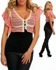 Coral/Off White Crochet Crop Cardigan w/Bat-wings Sleeves. Small Medium Large. - Picture 1 of 1