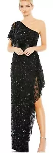 Mac Duggal Sequin Asymmetrical One Shoulder Black Maxi Slit Dress Size 14 NWT - Picture 1 of 8