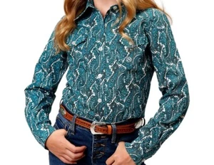 Roper Western Shirt Girls L/S Allover Button Turq 03-080-0325-2016 BU - Picture 1 of 2