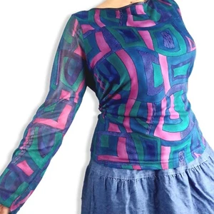 Katies Psychedelic Top Ladies 18 XL Retro Sheer Mesh Rainbow Clown Y2K Vintage - Picture 1 of 7