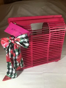 BETSEY JOHNSON Pink Wood Open Slat Satchel Purse w/ Silky Checkered Bow NWT $88 - Picture 1 of 12