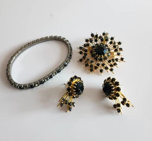 Vintage Austrian Black Crystal Starburst Brooch/Pendant, Earrings, Bracelet Set - Picture 1 of 13
