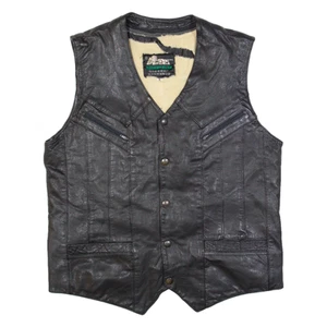 Vintage HUPAO Sherpa Lined Mens Biker Gilet Black Leather 90s L - Picture 1 of 6